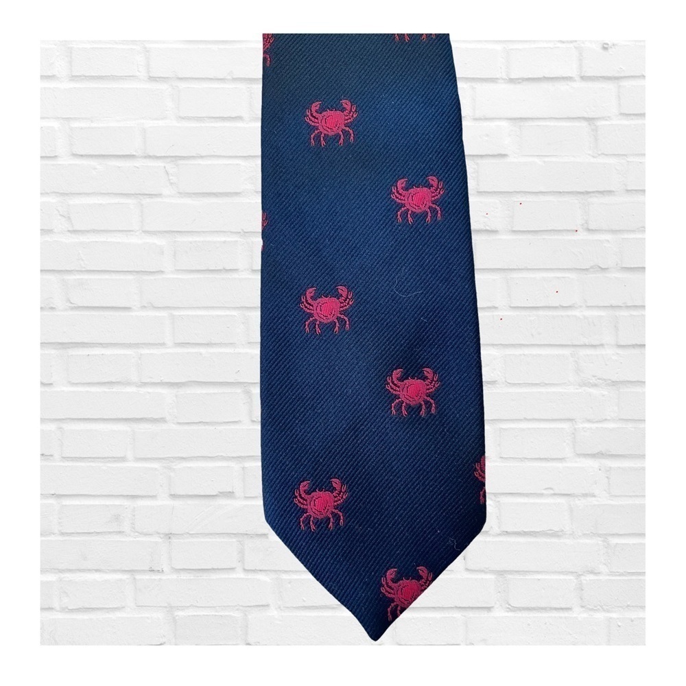 Vintage Cappuccino Navy Blue Tie with Red Crab Novelty Nautical Coastal Beach